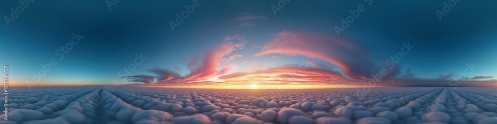 Stunning aerial view of cloud sea at sunset. Colorful cloudscape with vivid hues of pink, orange. Sun sets behind blanket of cirrus clouds. Panorama shows serene, breathtaking view from above. Stunning aerial view of cloud sea at sunset. Colorful cloudscape with vivid hues of pink, orange. Sun sets behind blanket of cirrus clouds. Panorama shows serene, breathtaking view from above.