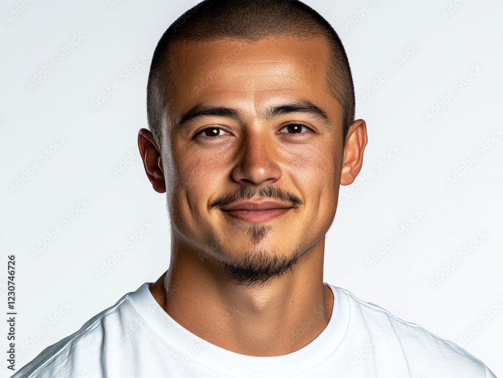 A young man smiles warmly while dressed casually in a white t shirt, showcasing a confident demeanor