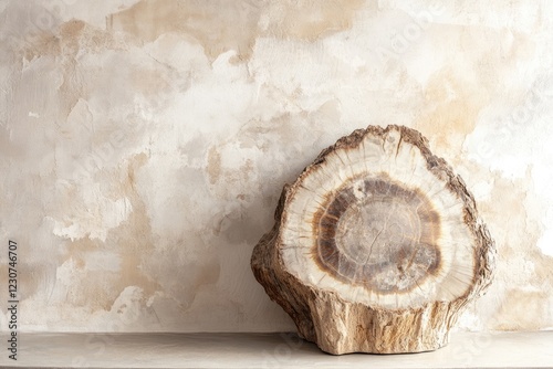 Petrified wood slice against a textured beige wall, showcasing its natural beauty and intricate details. photo