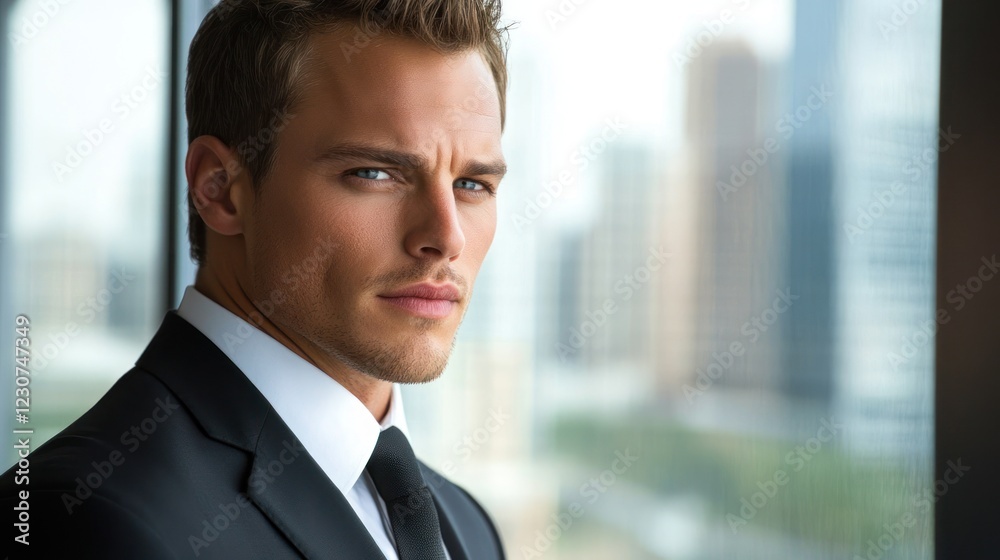 Businessman presents an air of confidence while gazing out at the skyline from a modern office setting Businessman presents an air of confidence while gazing out at the skyline from a modern office setting