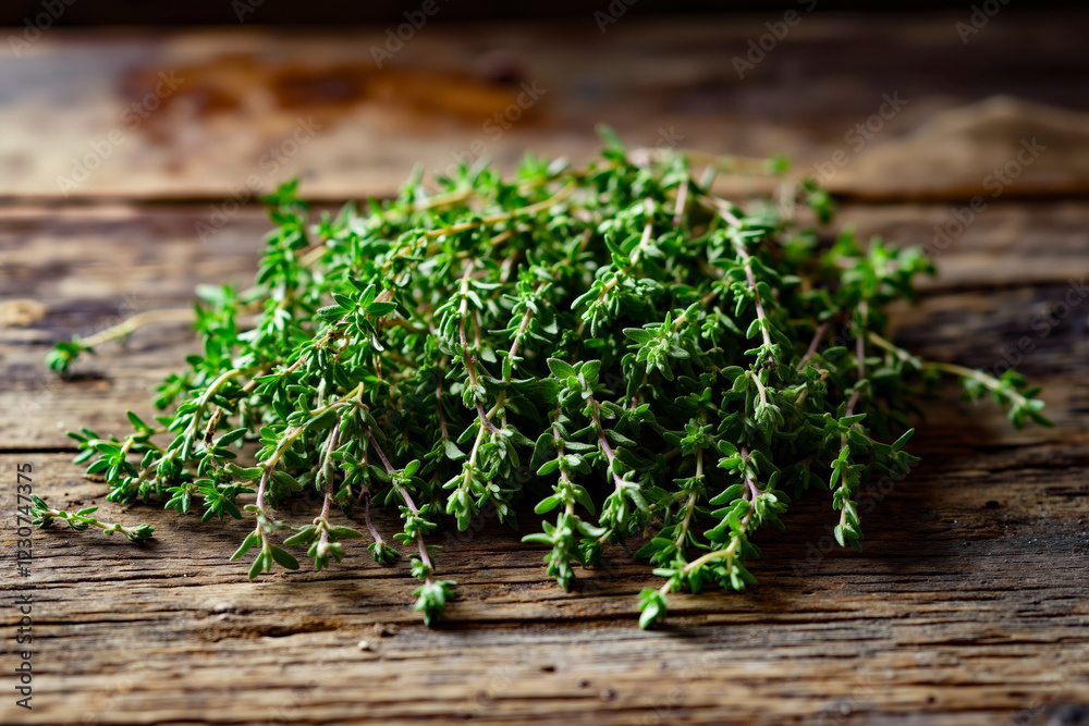A bunch of fresh thyme on a wooden table A bunch of fresh thyme on a wooden table