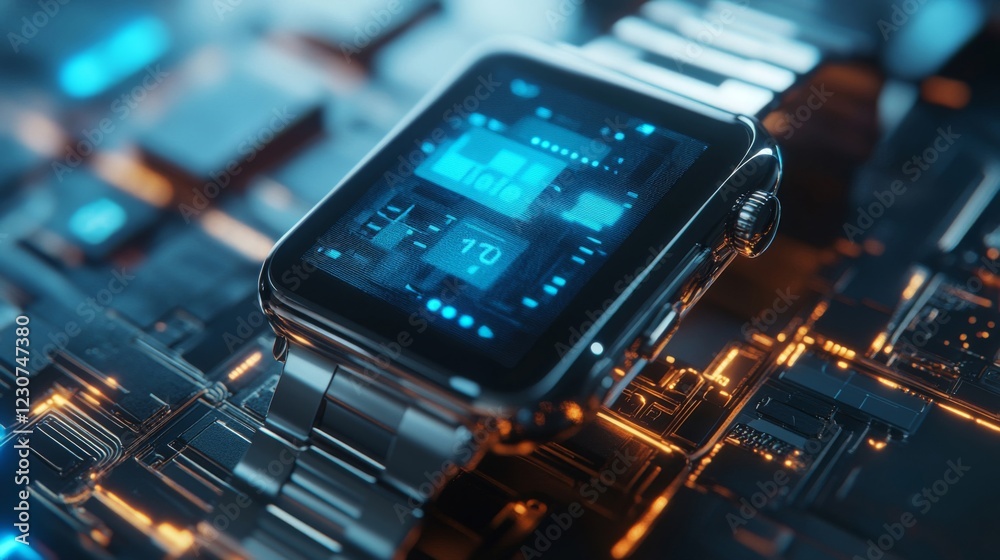 Fototapeta premium Futuristic Smartwatch on Circuit Board: Detailed 3D Render