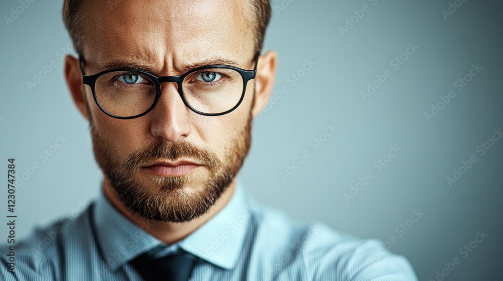Young man with glasses shows an intense expression, embodying focus and professionalism in a simple setting Young man with glasses shows an intense expression, embodying focus and professionalism in a simple setting
