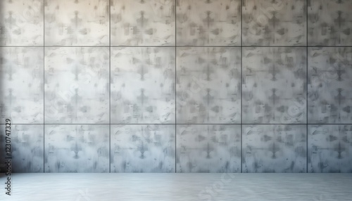 Empty room with gray concrete wall. Wall made of square tiles. Floor light gray. Modern design. Minimalist style. Suitable for interior design architecture projects. Great for wallpaper, background,