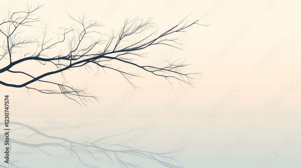 Bare tree branch reflected in calm water at dawn. Bare tree branch reflected in calm water at dawn.