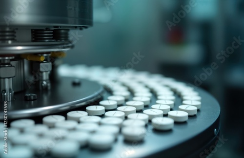Close-up view of pharmaceutical tablet press machine in action. White pills produced, arranged on rotating platform. Modern tech manufacturing process shown. Industrial machinery precision