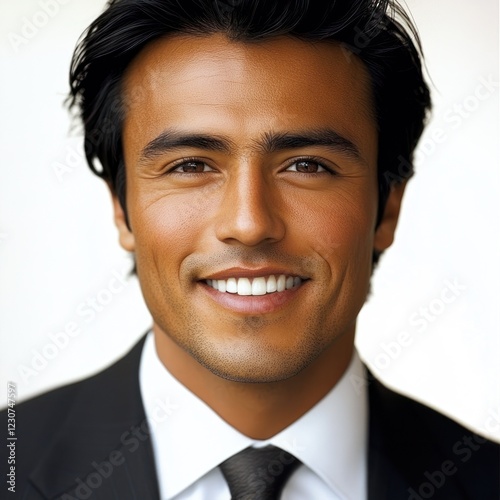 A man in a suit is smiling confidently with a well groomed appearance in bright light photo