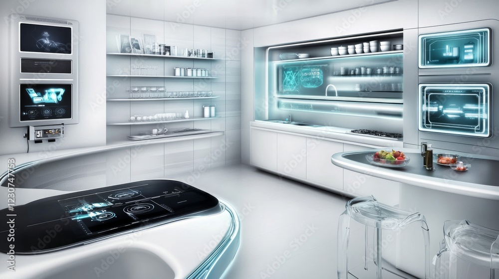 Futuristic White Kitchen with Digital Screens and Sleek Appliances