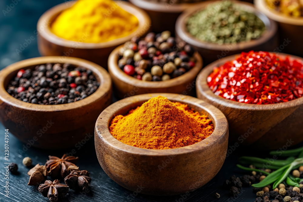 A variety of spices in wooden bowls on a table A variety of spices in wooden bowls on a table
