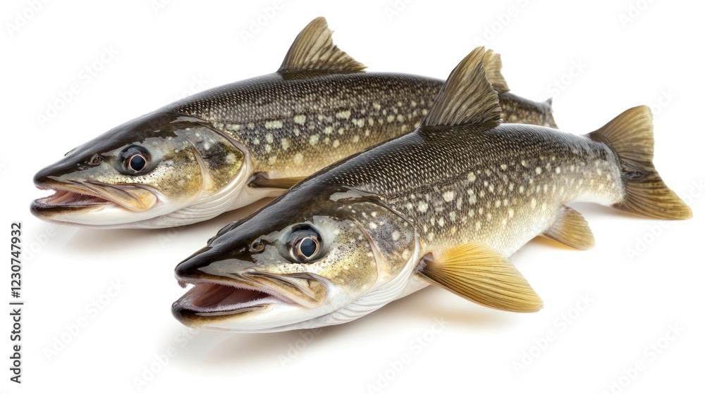 Two vibrant trout lie side by side, showcasing their scales and freshness for culinary use Two vibrant trout lie side by side, showcasing their scales and freshness for culinary use