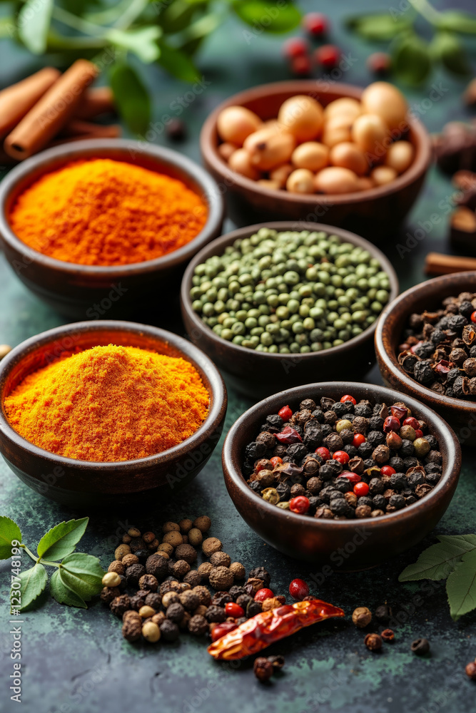 A variety of spices in bowls on a table A variety of spices in bowls on a table