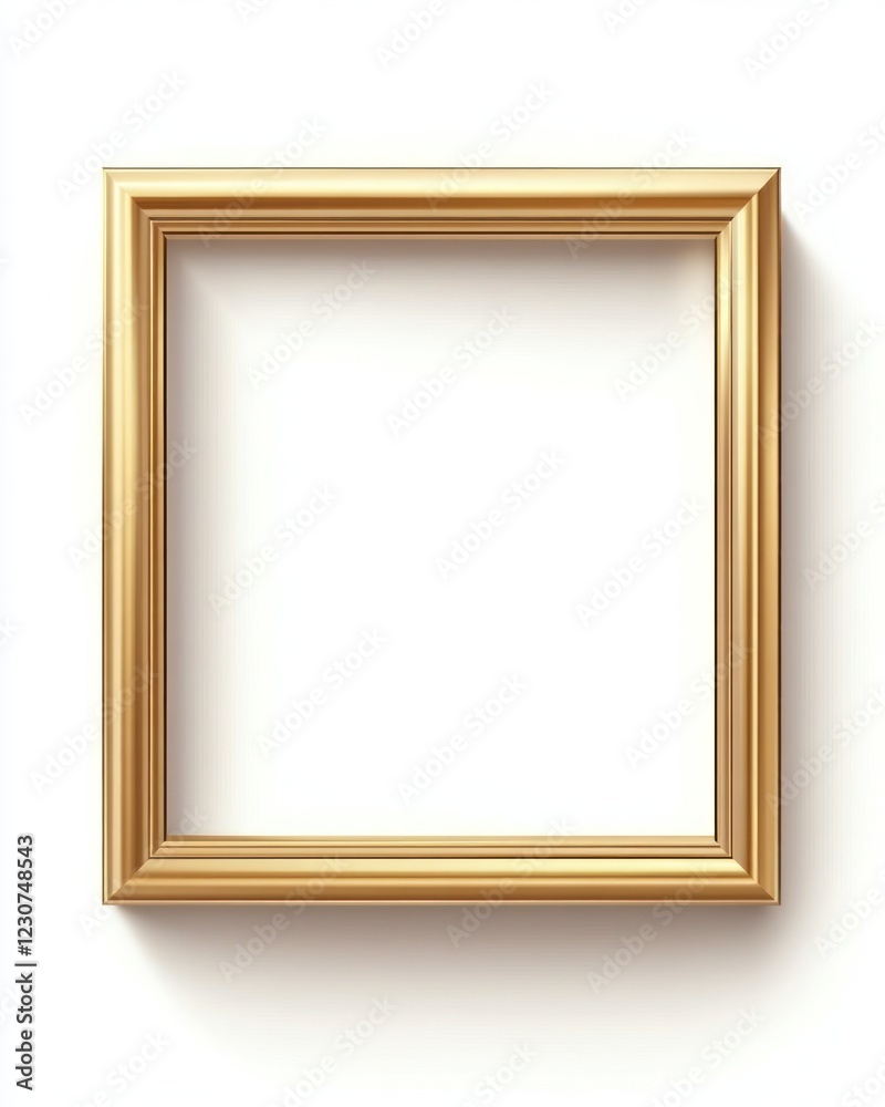 Empty gold frame positioned against a white backdrop, waiting for an artwork placement in an art gallery Empty gold frame positioned against a white backdrop, waiting for an artwork placement in an art gallery