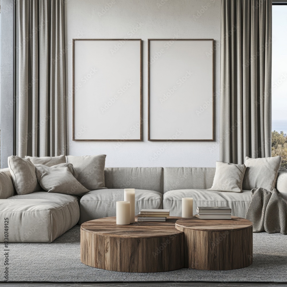 Fototapeta premium A living room with a couch, coffee table, and two empty picture frames. The couch is white and the coffee table is made of wood