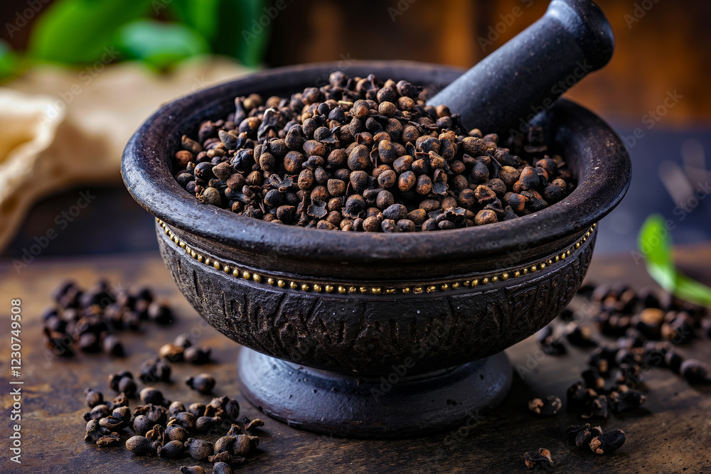 A mortar and pestle filled with black peppercorns on a wooden table A mortar and pestle filled with black peppercorns on a wooden table