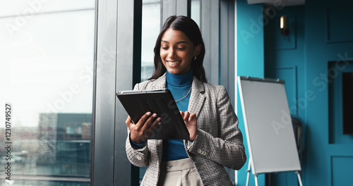 Fotografie Smile, tablet and research with business woman in office for workshop coordinator, reading or corporate trainer