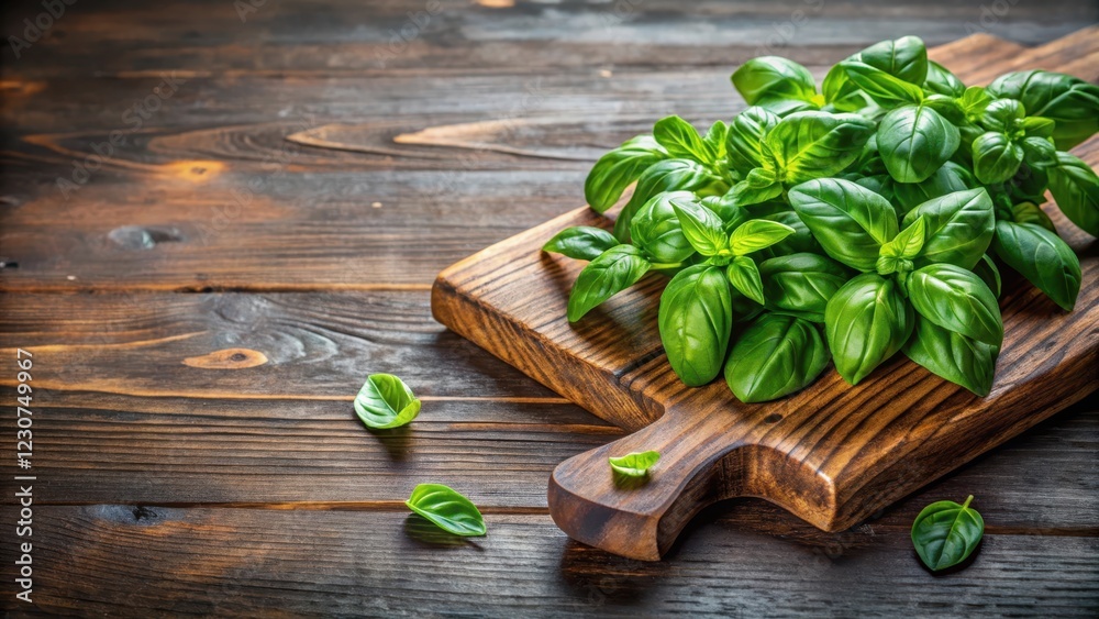 Freshly harvested Basil leaves with green stems on a wooden cutting board, green stems, food preparation, green stems Freshly harvested Basil leaves with green stems on a wooden cutting board, green stems, food preparation, green stems
