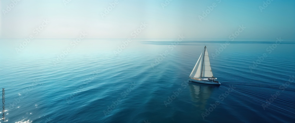 Obraz premium Sailboat glides across calm blue sea. White sails fill with wind. Tranquil scene. Ocean stretches to horizon. Peaceful travel. Scenic journey. Relaxing view. Summer day. Aquatic exploration. Water