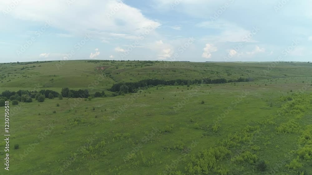 Large, open field with a few trees scattered throughout. Natural landscapes of the Nizhny Novgorod region Russia Large, open field with a few trees scattered throughout. Natural landscapes of the Nizhny Novgorod region Russia