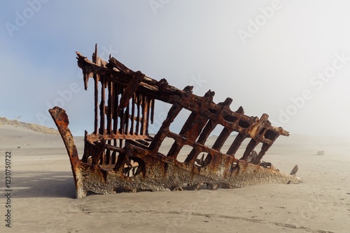 Rusty shipwreck on a foggy beach. Nature's reclamation of a vessel. Coastal Oregon. Wreck Of The Peter Iredale, Fort Stevens State Park, Oregon, USA