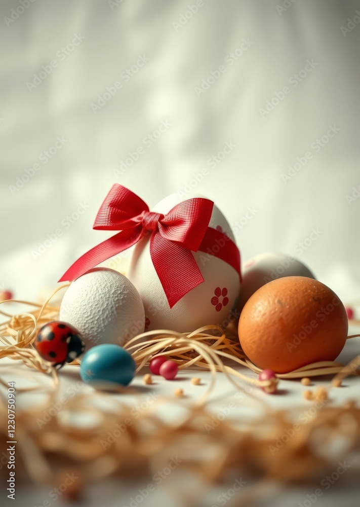 Easter eggs bow ladybug on a light paper background easter egg holiday illustration celebration easter