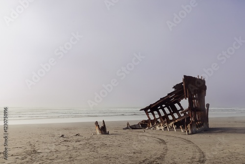 Rusty shipwreck remnants on a foggy beach. Nature's decay. Wreck Of The Peter Iredale, Fort Stevens State Park, Oregon, USA