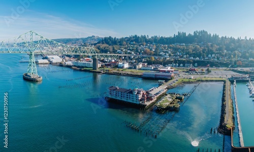 Photos Aerial view of a waterfront town, featuring a vibrant waterfront hotel and a historic bridge