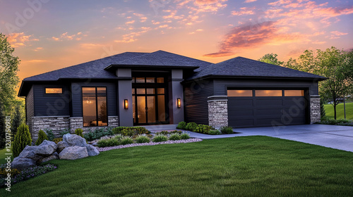 Modern suburban house at sunset, a beautifully maintained front yard. The house features a mix of dark horizontal siding and light stone accents, giving it a stylish and contemporary appearance