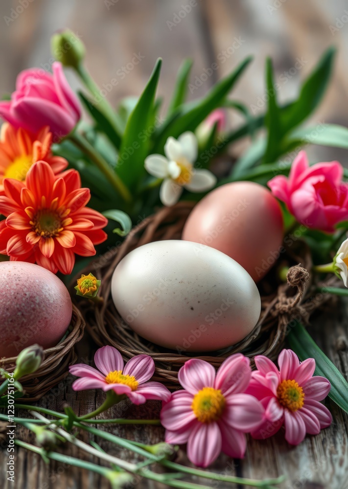 Easter eggs and spring flowers on wooden background easter egg holiday illustration celebration easter