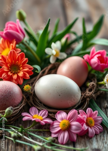 Obraz na płótnie Easter eggs and spring flowers on wooden background easter egg holiday illustration celebration easter w salonie