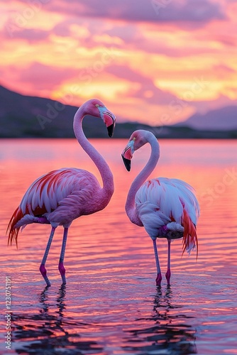   Two flamingos stand in the water, beaks crossed, as the sun sets behind them