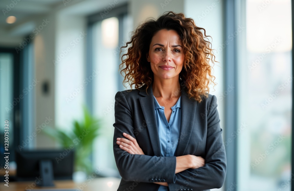 Confident middle-aged Latin businesswoman stands in modern office. Wearing stylish business attire. Looks directly at camera with arms crossed. Pro, successful woman in leadership role. Image Confident middle-aged Latin businesswoman stands in modern office. Wearing stylish business attire. Looks directly at camera with arms crossed. Pro, successful woman in leadership role. Image