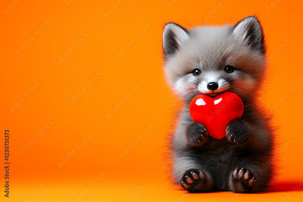 Obraz premium Arctic fox - my beloved animal. Cute arctic fox baby with furry friend toy red heart - emblem of love, funny greeting card. Marketing creative. Ad visual idea. Romantic animal moments.
