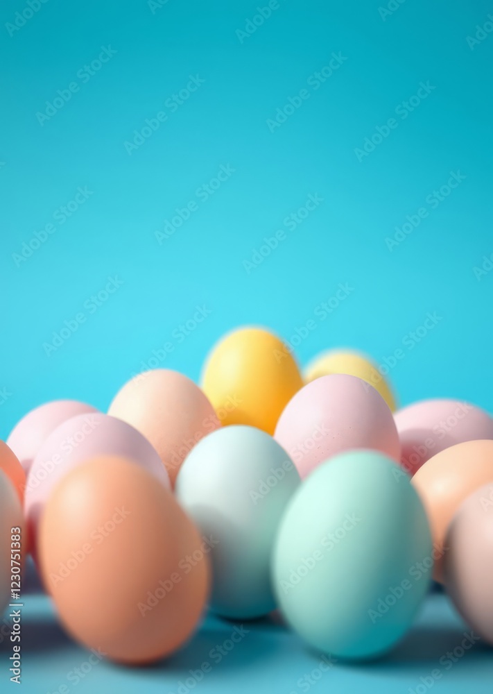 Pastel easter eggs in soft hues lined up against a bright blue background showcasing the vibrant colors for 2024 easter egg holiday illustration celebration easter