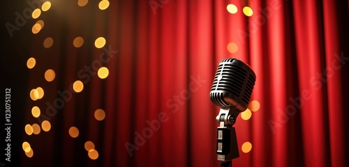 Vintage microphone on stage. Red velvet curtains. Bright lights create warm atmosphere. Ready for event show. Possible entertainment, music, comedy performance. Classic cabaret theatre scene. Perfect