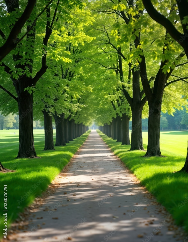 Serene pathway in rich green park. Tall trees line paved path. Soft sunlight casts shadows. Peaceful, tranquil. Outdoor recreation. Sunny spring day. Ideal for relaxation leisurely stroll. City park Serene pathway in rich green park. Tall trees line paved path. Soft sunlight casts shadows. Peaceful, tranquil. Outdoor recreation. Sunny spring day. Ideal for relaxation leisurely stroll. City park