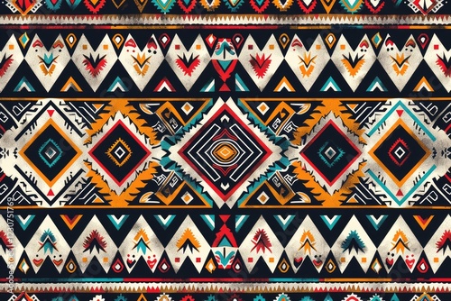 Vibrant Native American inspired textile design featuring geometric patterns, bold colors, and intricate details. photo