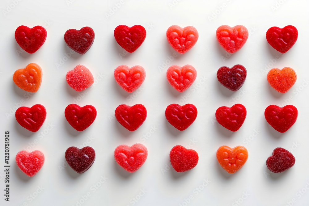 A bunch of red and orange heart shaped gummy bears on a white surface