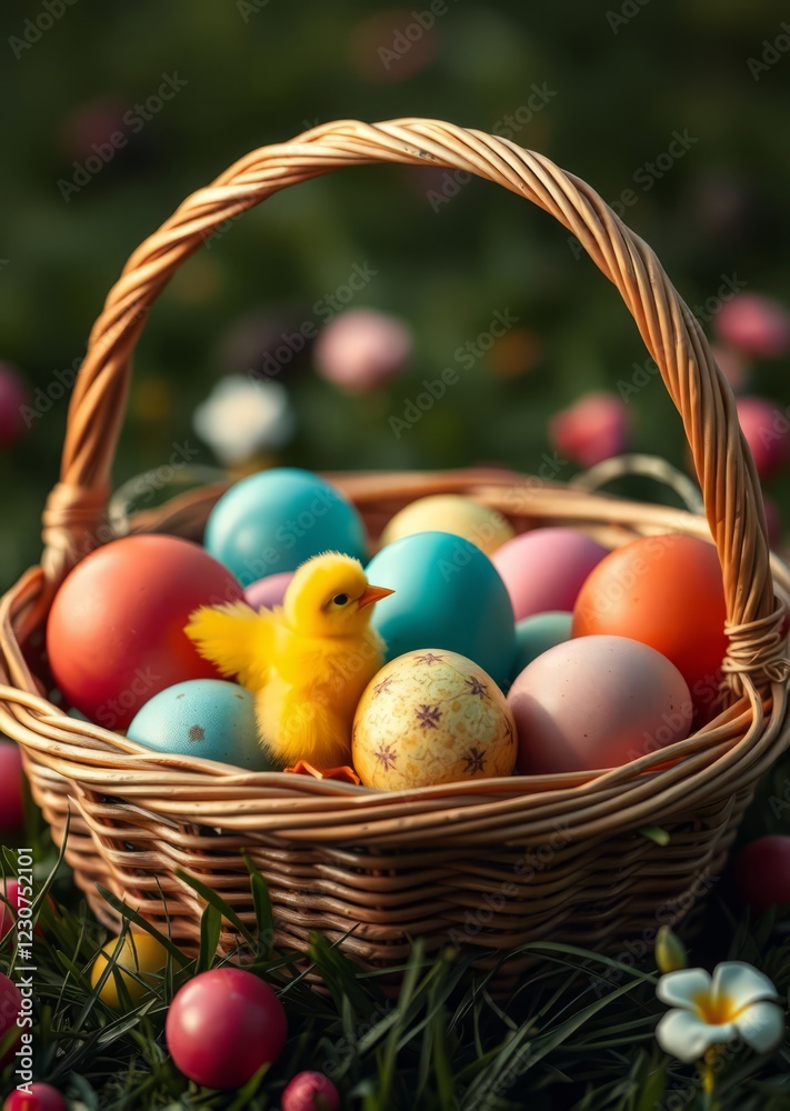 Colored easter eggs yellow chicks candy in a basket on grass easter egg holiday illustration celebration easter