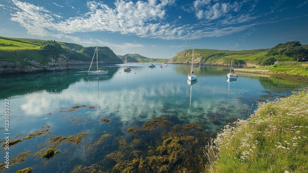 Obraz premium Calm bay with sailboats at anchor, clear water, green hills, and wildflowers.