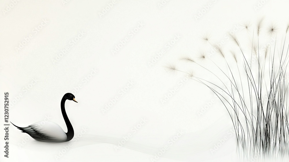 Fototapeta premium A monochrome image depicts a swan swimming in water, with a reed in the foreground and lush greenery in the backdrop