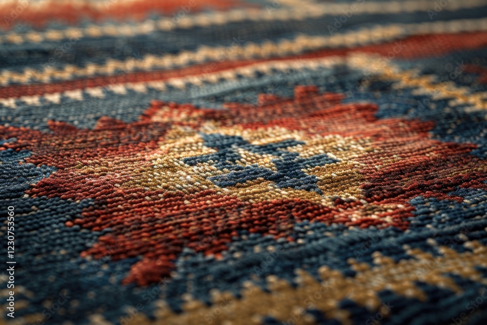 Close-up view of a richly textured carpet with intricate, multicolored patterns.