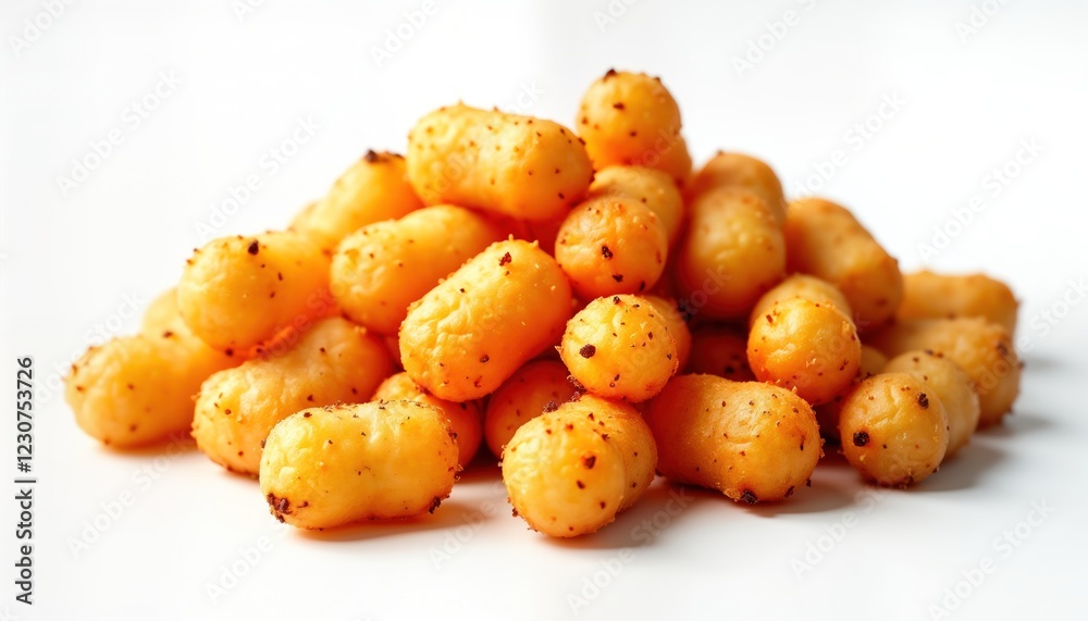 Pile of crispy golden fried potato snacks on white background. Small potato bites piled high. Look delicious, ready to eat. Perfect for quick snack side dish. Tasty fried snack food. Ideal for Pile of crispy golden fried potato snacks on white background. Small potato bites piled high. Look delicious, ready to eat. Perfect for quick snack side dish. Tasty fried snack food. Ideal for
