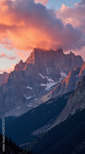 The Rocky Mountains at Dusk with the Sky Ablaze in Vibrant Oranges, Soft Pinks, and Rich Purples