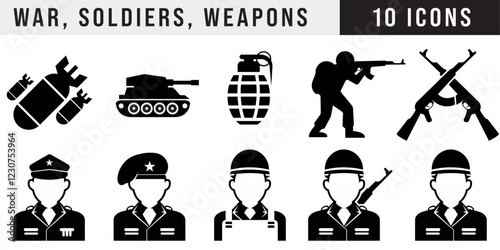 Military icon set featuring war symbols, soldiers, weapons, grenade, tank, rifles, army officers, and combat gear for defense, security, strategy, and armed forces illustration.