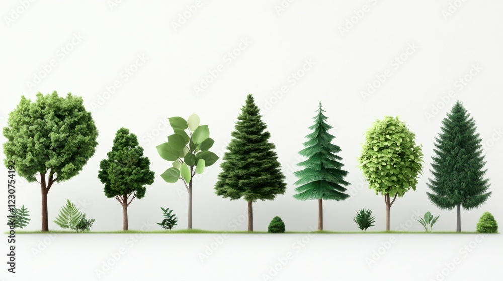 Fototapeta premium Variety of Green Trees and Plants Standing in a Row Displaying Different Shapes and Textures Against a Light Background
