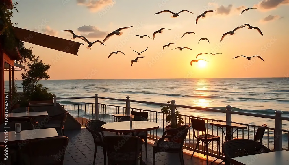 Oceanside Cafe Sunset Birds Flying Over Water Oceanside Cafe Sunset Birds Flying Over Water