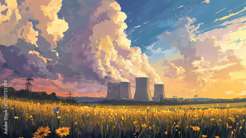 An old nuclear power plant, situated against a beautiful summer meadow. temelin, czech republic. Electric Meadow. Illustration photo