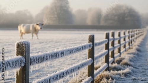 Cinematic photograph of a winter landscape with a white cow in the distance. A fence is covered in thick frost. 
