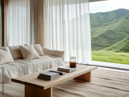 A white couch with pillows and a coffee table with books on it. The coffee table is in front of a window with a view of the mountains