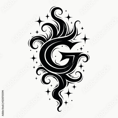 Intricate black and white letter G design with decorative elements, artistry